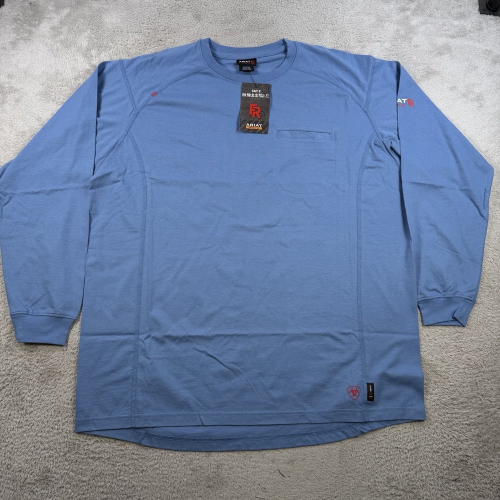 Ariat FR T-Shirt Mens XL Blue CAT 2 Pocket Tee Long Sleeve Crewneck Solid Work